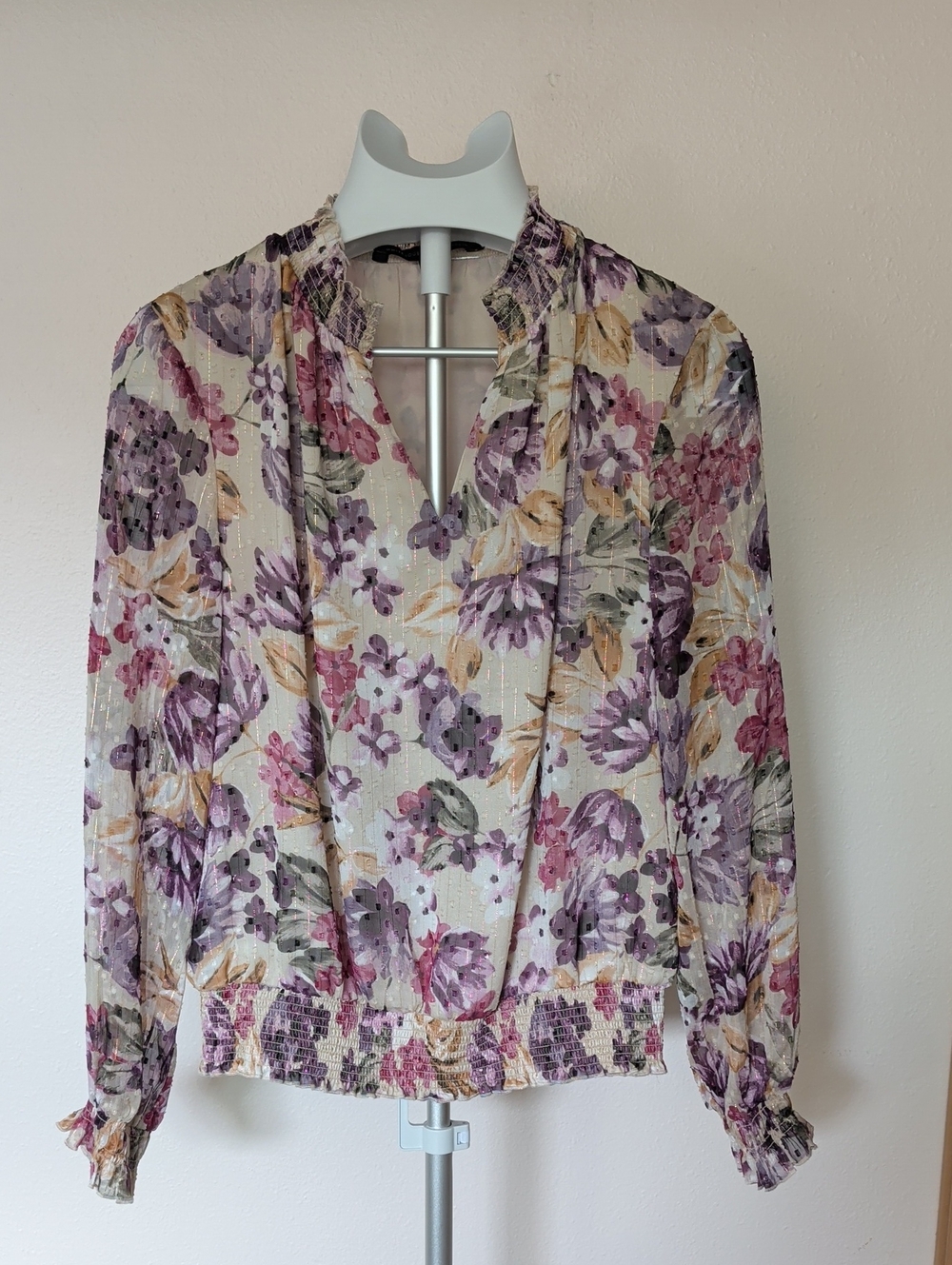 White House Black Market Floral Ruffled V-Neck Blouse - Purple Multi